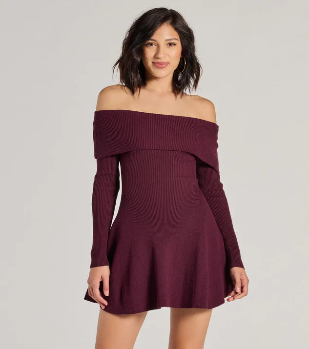 Chic Staple Ribbed Knit Dress-Burgundy