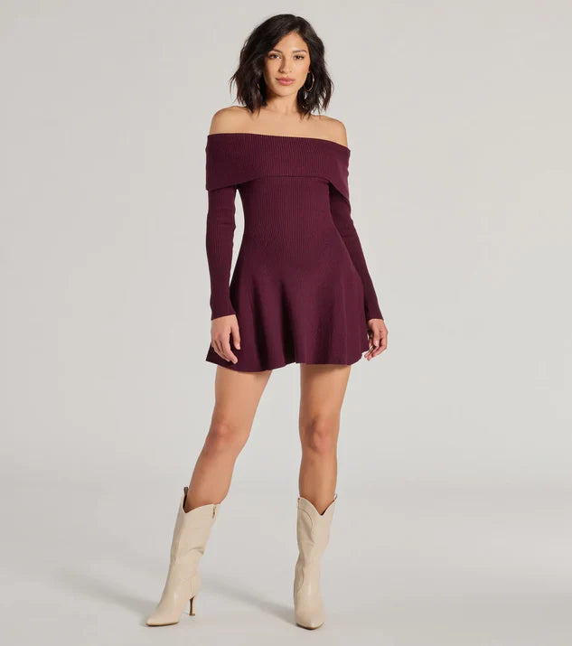 Chic Staple Ribbed Knit Dress-Burgundy