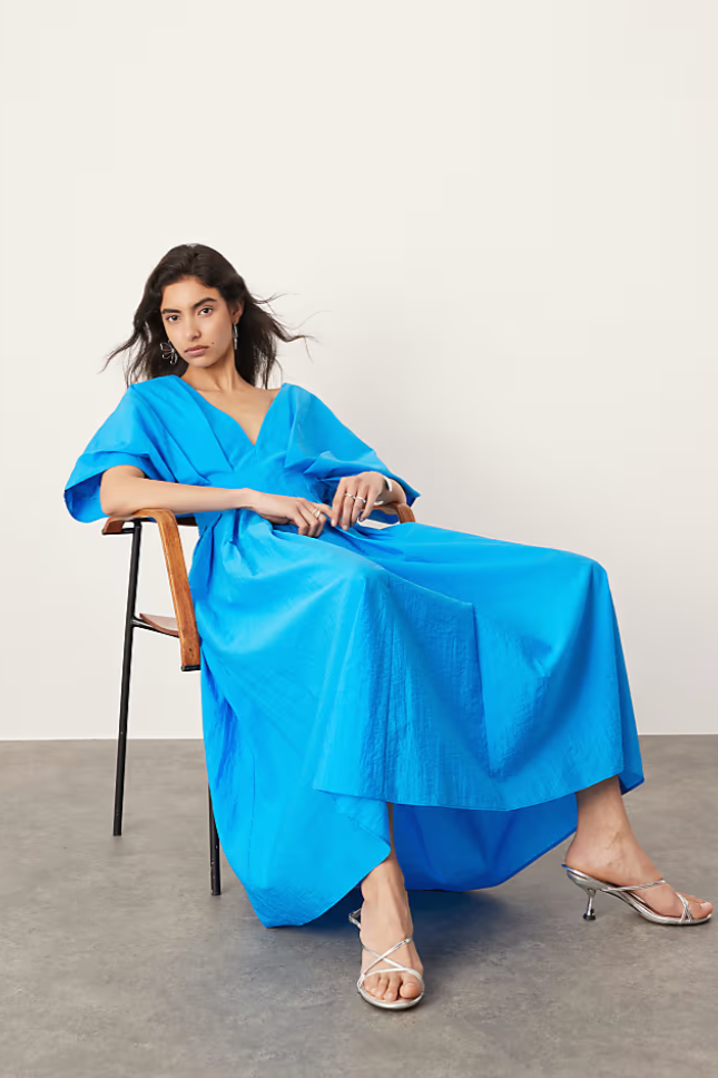 V-Neck Short Sleeve Midi Dress - Azure