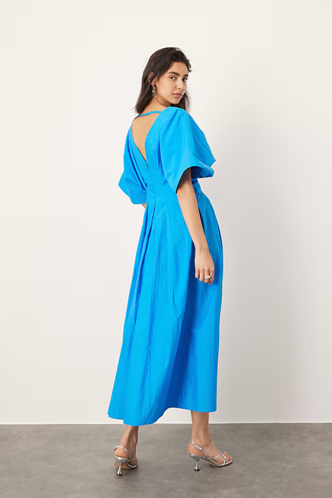 V-Neck Short Sleeve Midi Dress - Azure