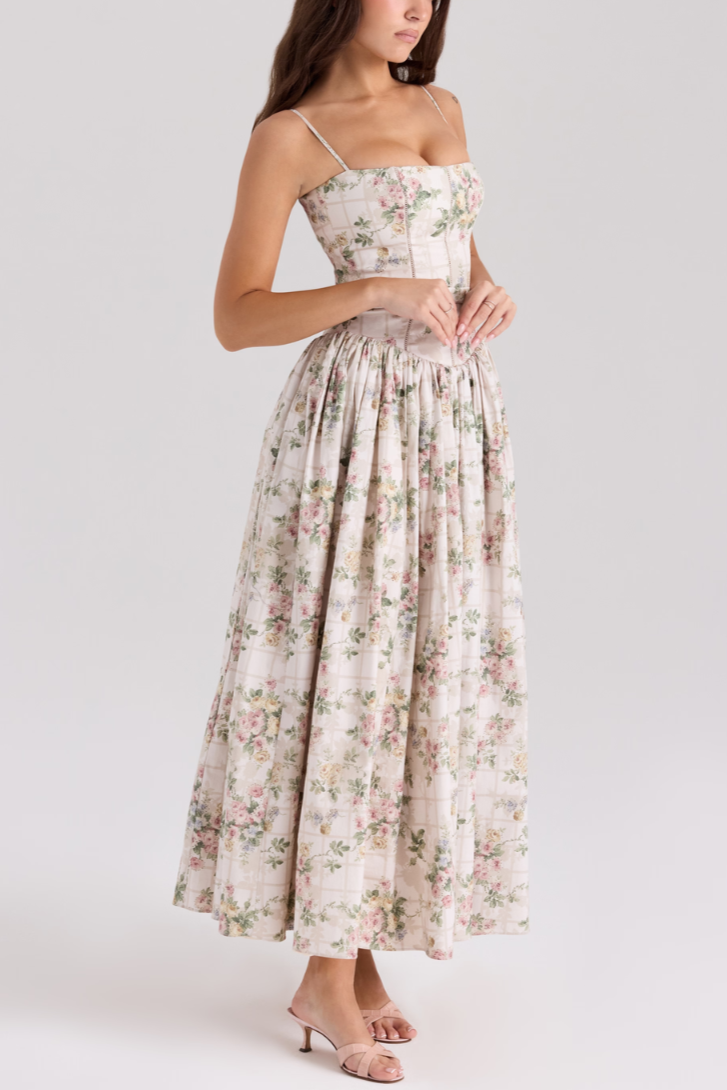 Gardenia Gown Floral Print Midi Dress - Cream