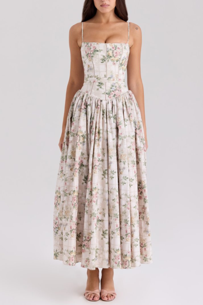 Gardenia Gown Floral Print Midi Dress - Cream