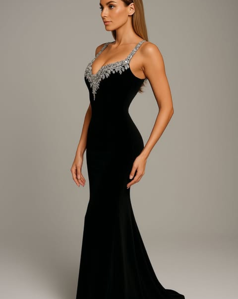 Selvina Long Diamond Crystal Dress - Black