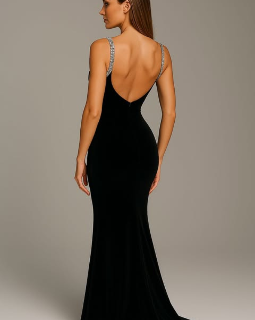 Selvina Long Diamond Crystal Dress - Black