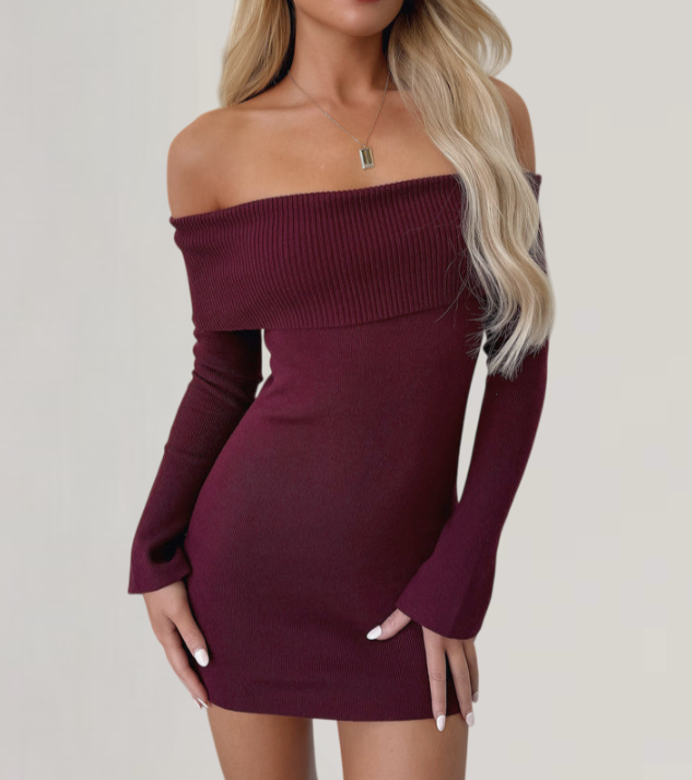Chic Staple Ribbed Knit Dress-Burgundy