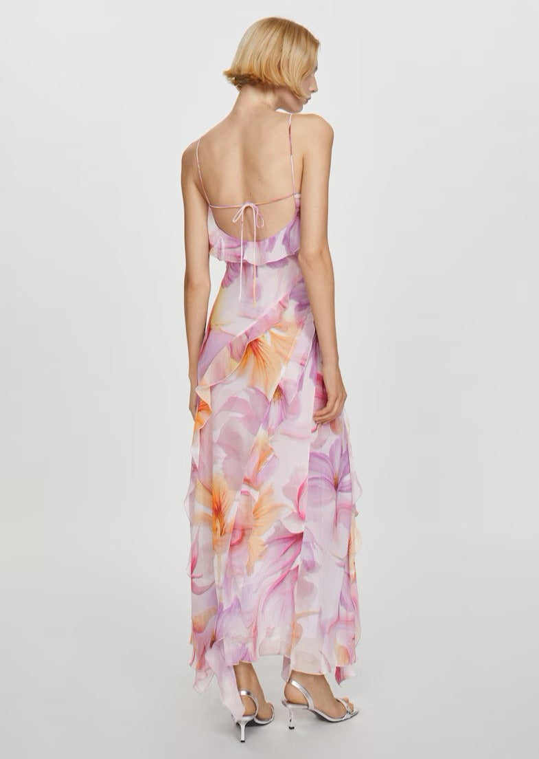 Ruffled Floral Print Dress - Pink