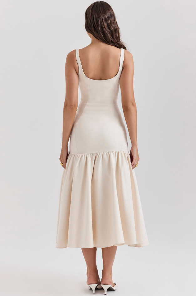 Vintage Dropped Waist Midi Dress - Cream