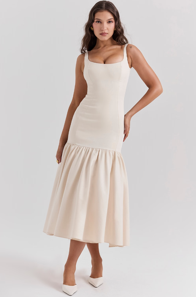 Vintage Dropped Waist Midi Dress - Cream