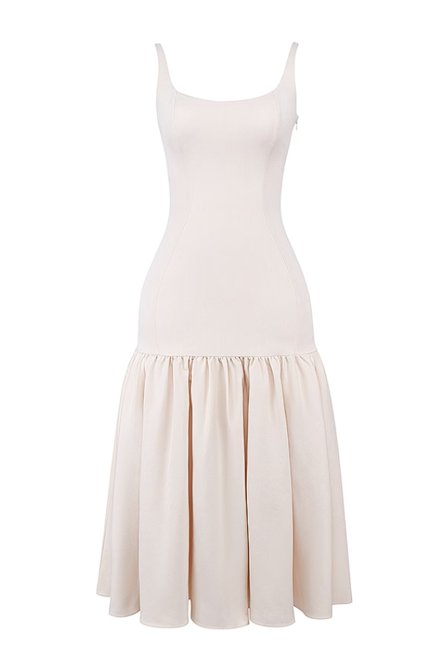 Vintage Dropped Waist Midi Dress - Cream
