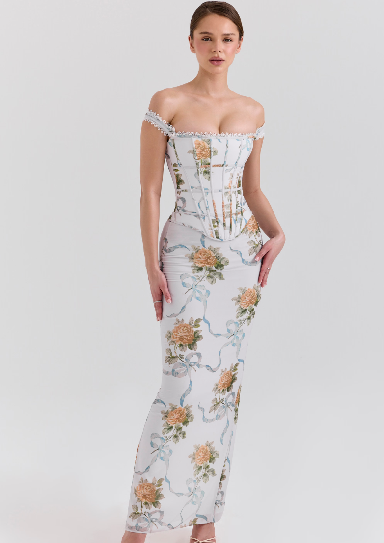 Isis Vintage Print Corset Maxi Dress - Soft Blu