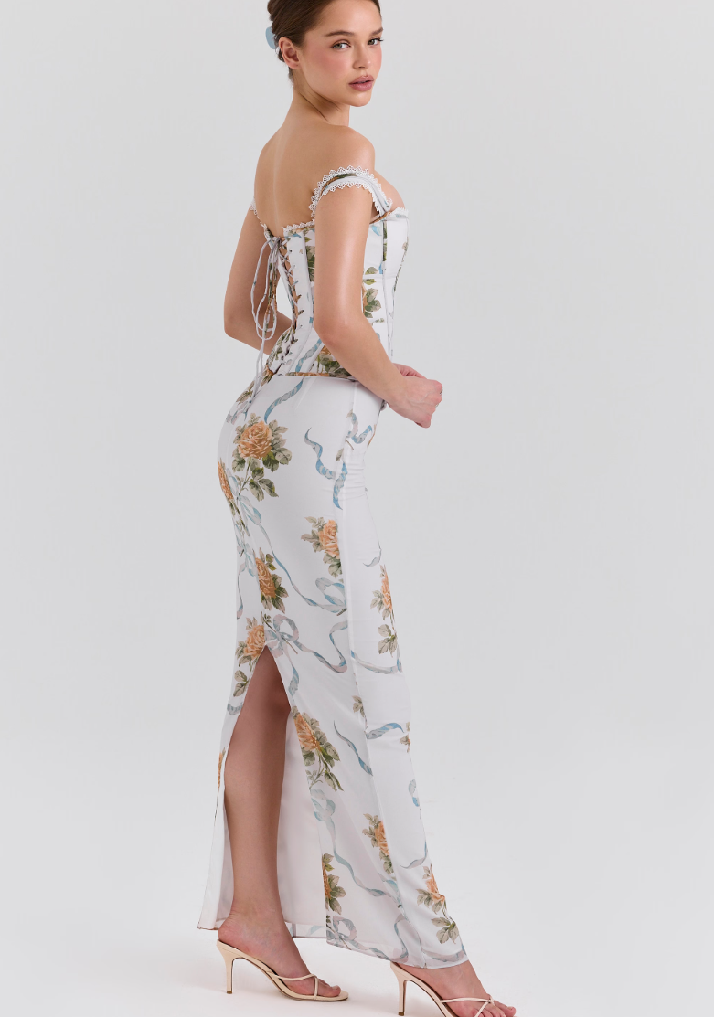 Isis Vintage Print Corset Maxi Dress - Soft Blu
