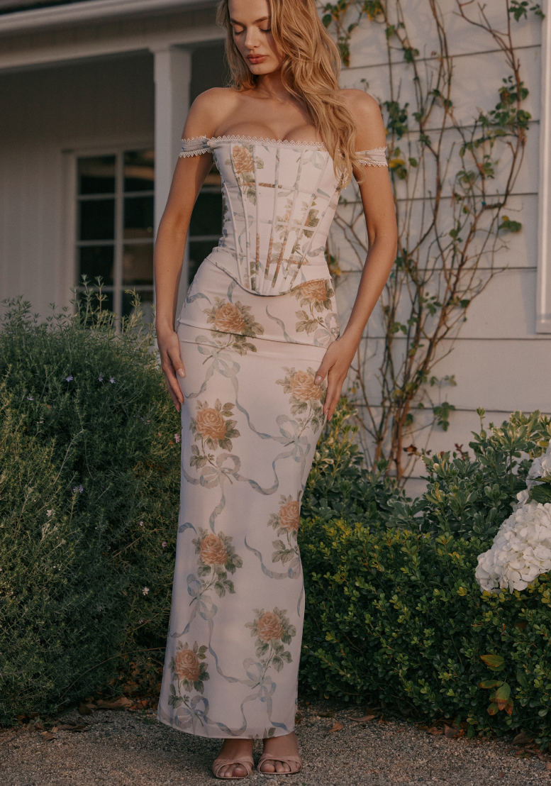 Isis Vintage Print Corset Maxi Dress - Soft Blu