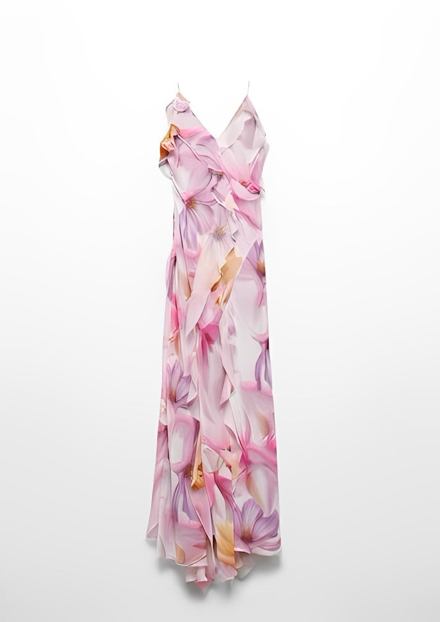 Ruffled Floral Print Dress - Pink
