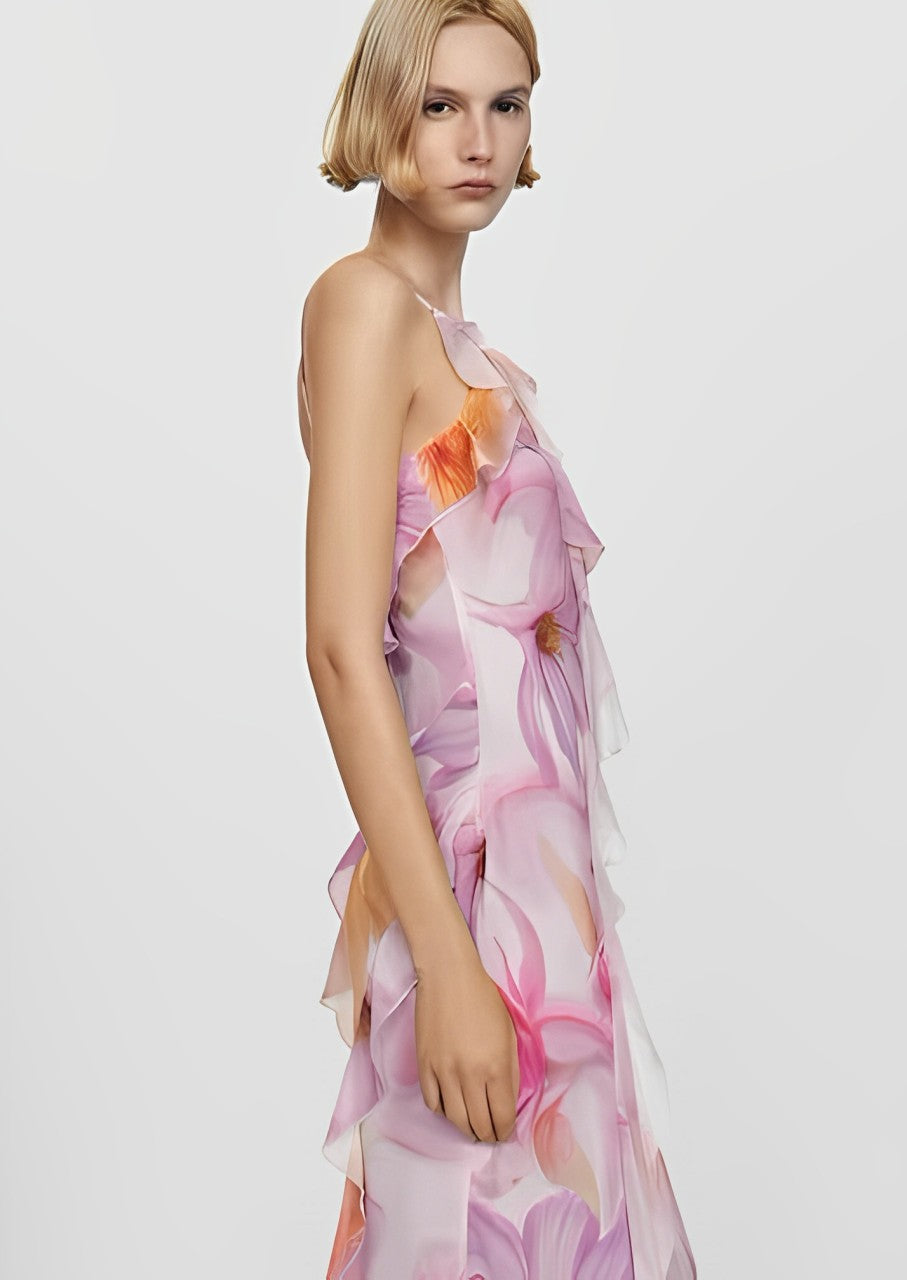 Ruffled Floral Print Dress - Pink