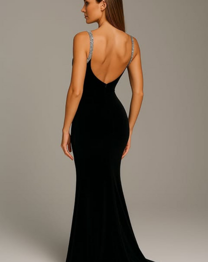 Selvina Long Diamond Crystal Dress - Black