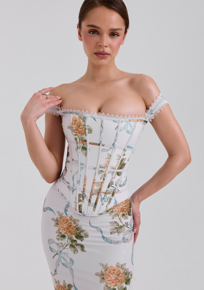 Isis Vintage Print Corset Maxi Dress - Soft Blu
